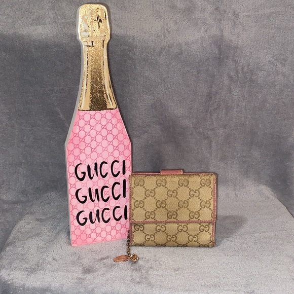 💕GUCCI💕Tan/Pink GG Canvas and Leather French Flap Wallet with COA/GUC - Picture 1 of 15